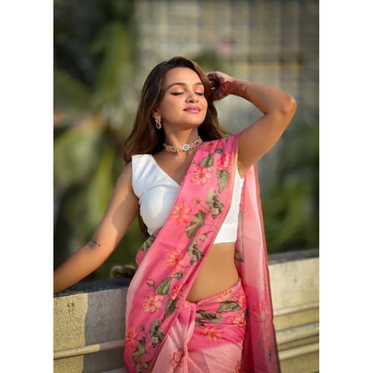 Generic Women's Linen Printed Saree With Unstitched Blouse 5.5Mtr (Pink)