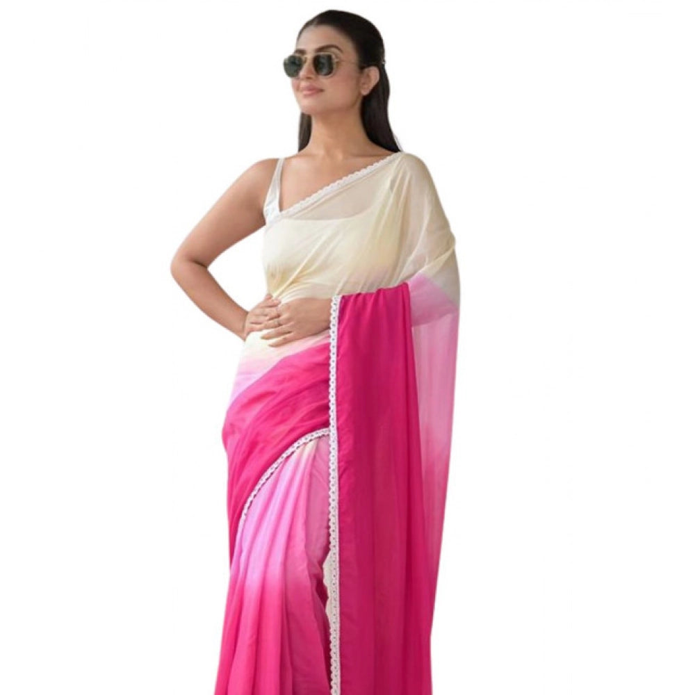 Generic Women's Linen Printed Saree With Unstitched Blouse 5.5Mtr (Pink)