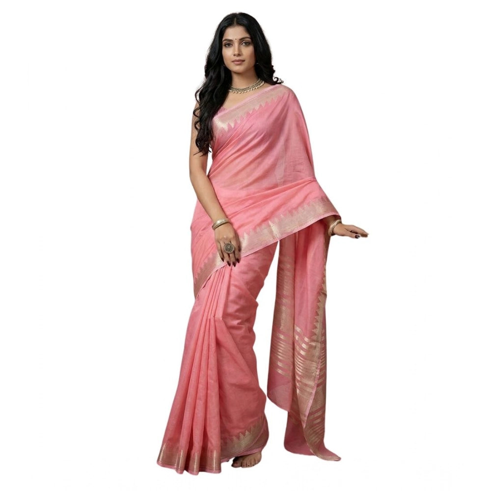 Generic Women's Cotton Printed Saree With Unstitched Blouse 5.5Mtr (Coral Pink)