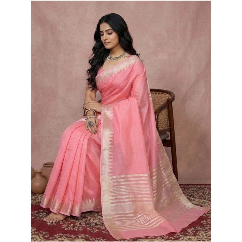 Generic Women's Cotton Printed Saree With Unstitched Blouse 5.5Mtr (Coral Pink)