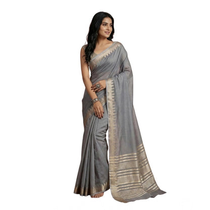 Generic Women's Cotton Printed Saree With Unstitched Blouse 5.5Mtr (Gray)