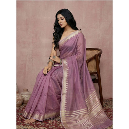 Generic Women's Cotton Printed Saree With Unstitched Blouse 5.5Mtr (Purple)