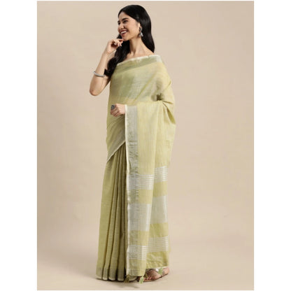 Generic Women's Linen Cotton Printed Saree With Unstitched Blouse 5.5Mtr (Olive Green)