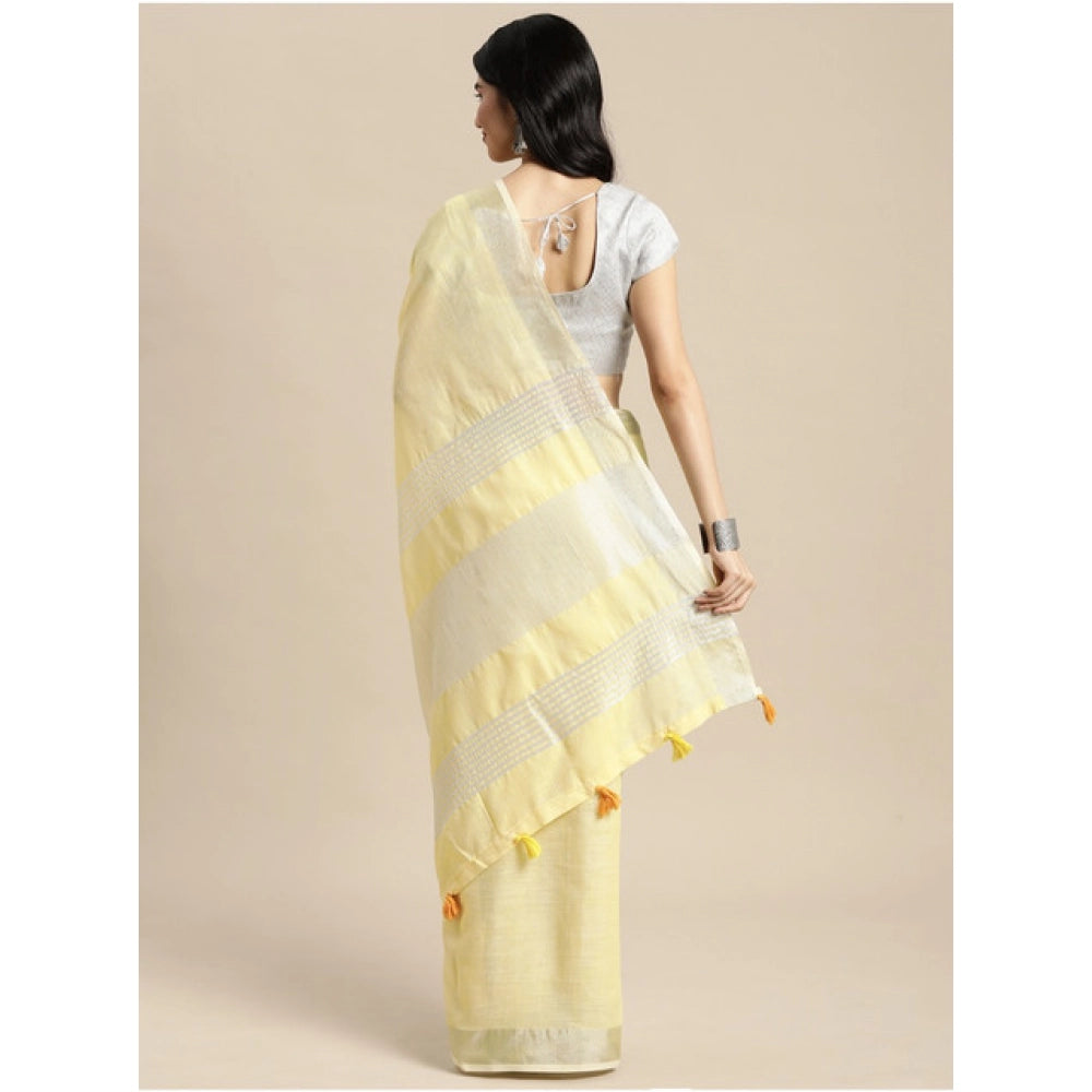 Generic Women's Linen Cotton Printed Saree With Unstitched Blouse 5.5Mtr (Yellow)