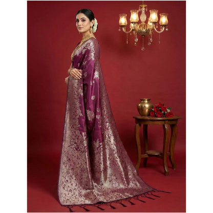 Generic Women's Silk Blend Printed Saree With Unstitched Blouse 5.5Mtr (Purple)