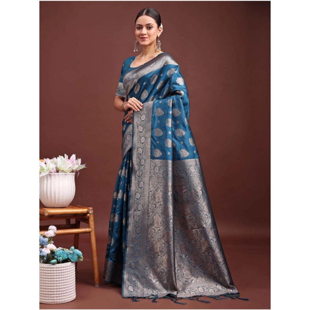 Generic Women's Banarasi Silk Printed Saree With Unstitched Blouse 5.5Mtr (Teal Blue)