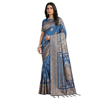 Generic Women's Silk Blend Printed Saree With Unstitched Blouse 5.5Mtr (Sky Blue)