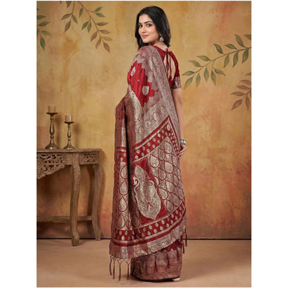 Generic Women's Silk Blend Printed Saree With Unstitched Blouse 5.5Mtr (Maroon)