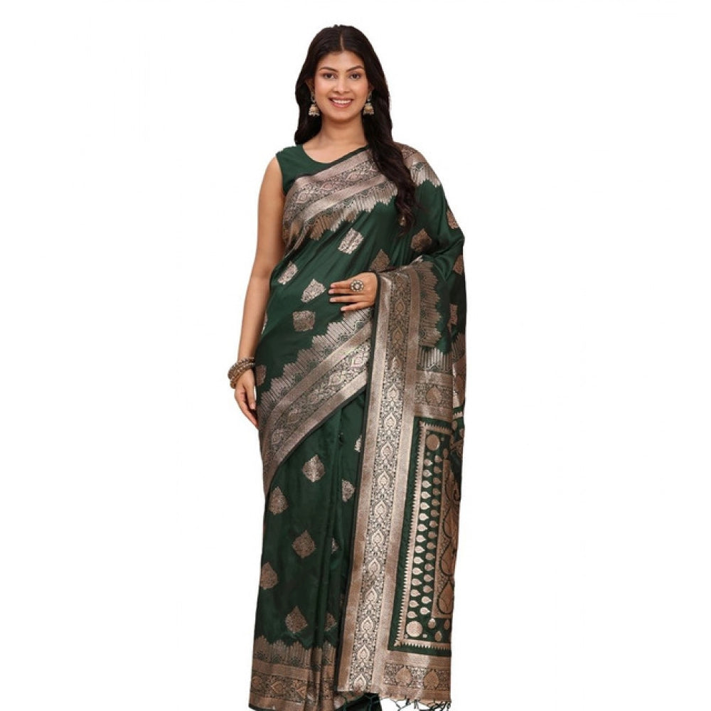 Generic Women's Banarasi Silk Printed Saree With Unstitched Blouse 5.5Mtr (Green)