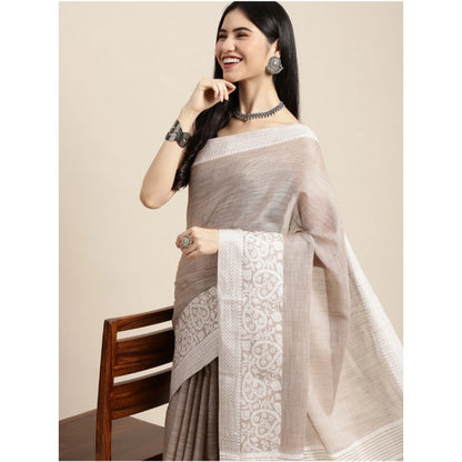 Generic Women's Linen Printed Saree With Unstitched Blouse 5.5Mtr (Beige)