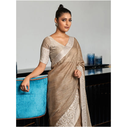 Generic Women's Linen Printed Saree With Unstitched Blouse 5.5Mtr (Beige)