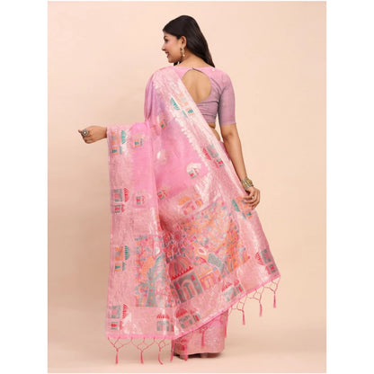 Generic Women's Linen Cotton Printed Saree With Unstitched Blouse 5.5Mtr (Pink)