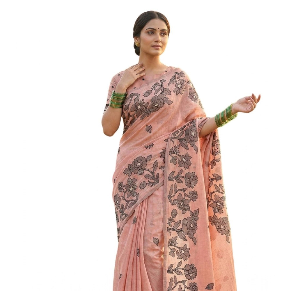 Generic Women's Linen Cotton Printed Saree With Unstitched Blouse 5.5Mtr (Orange)