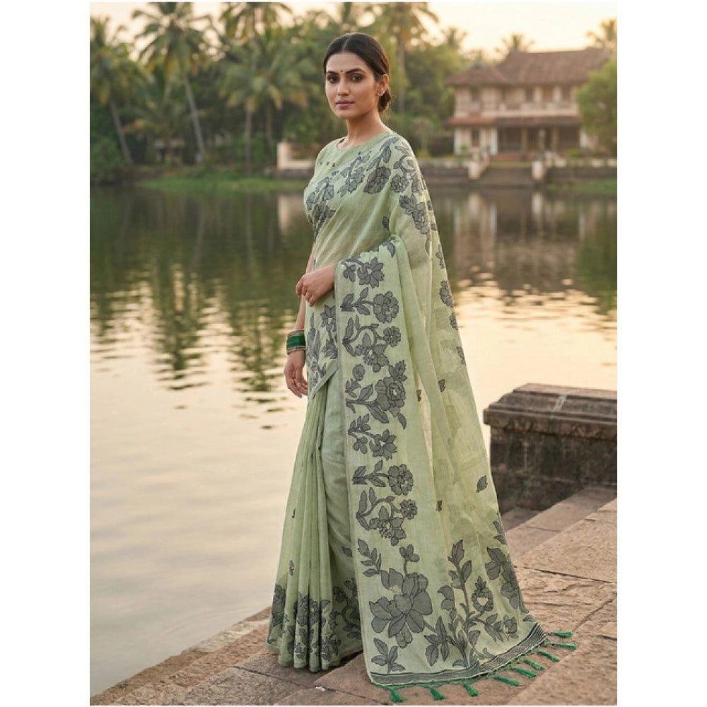 Generic Women's Linen Cotton Printed Saree With Unstitched Blouse 5.5Mtr (Light Green)