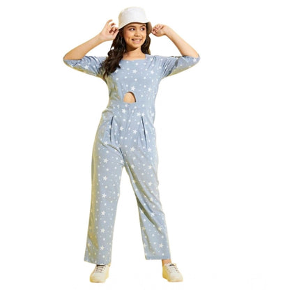 Generic Girl's Cotton Printed 3-4th Sleeve Jumpsuit (Blue - White)
