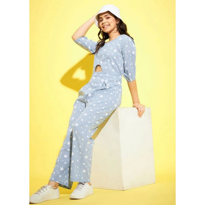 Generic Girl's Cotton Printed 3-4th Sleeve Jumpsuit (Blue - White)