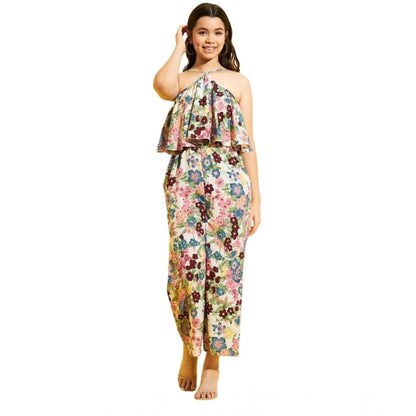 Generic Girl's Polyester Crepe Floral Sleeveless Jumpsuit (Multicolor)
