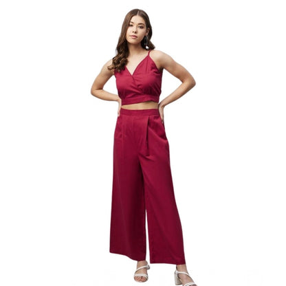 Generic Women's Cotton Linen Solid Sleeveless Crop Top and Palazzo Set (Maroon)