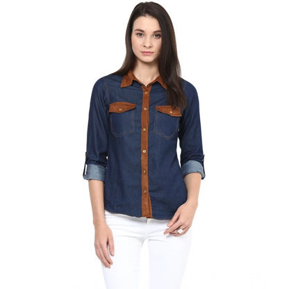 Generic Women's Denim Cotton based Solid Long Sleeves Shirt (Blue)