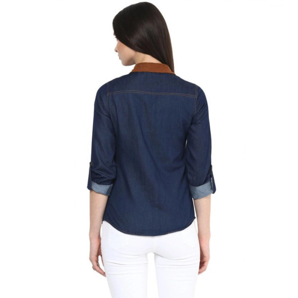 Generic Women's Denim Cotton based Solid Long Sleeves Shirt (Blue)
