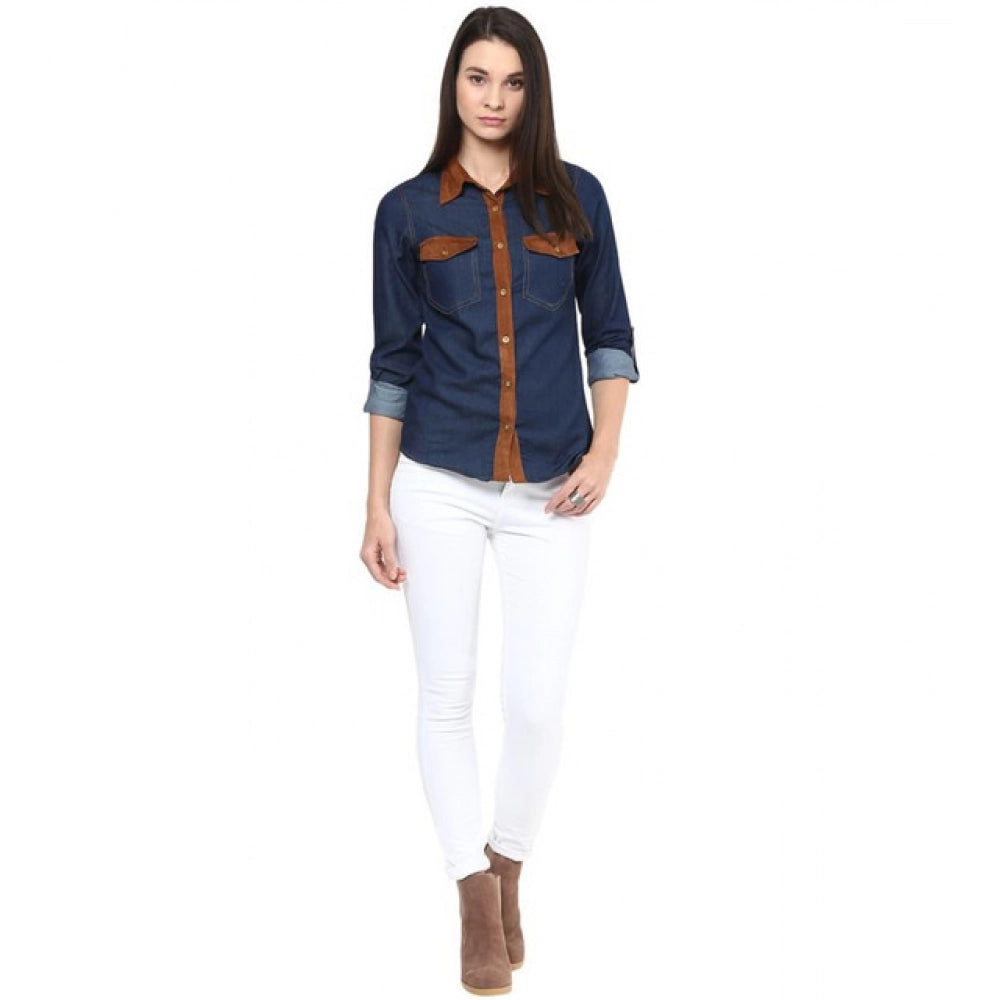 Generic Women's Denim Cotton based Solid Long Sleeves Shirt (Blue)