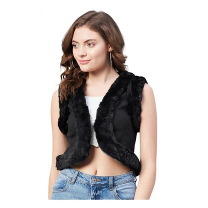 Generic Women's Denim And Fur Solid Sleeveless Shrug (Black)
