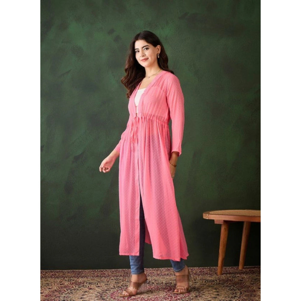 Generic Women's Chiffon Self Design Long Sleeves Shrug (Pink)