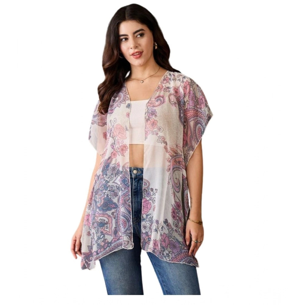 Generic Women's Chiffon Printed Short Sleeves Shrug (White - Purple)