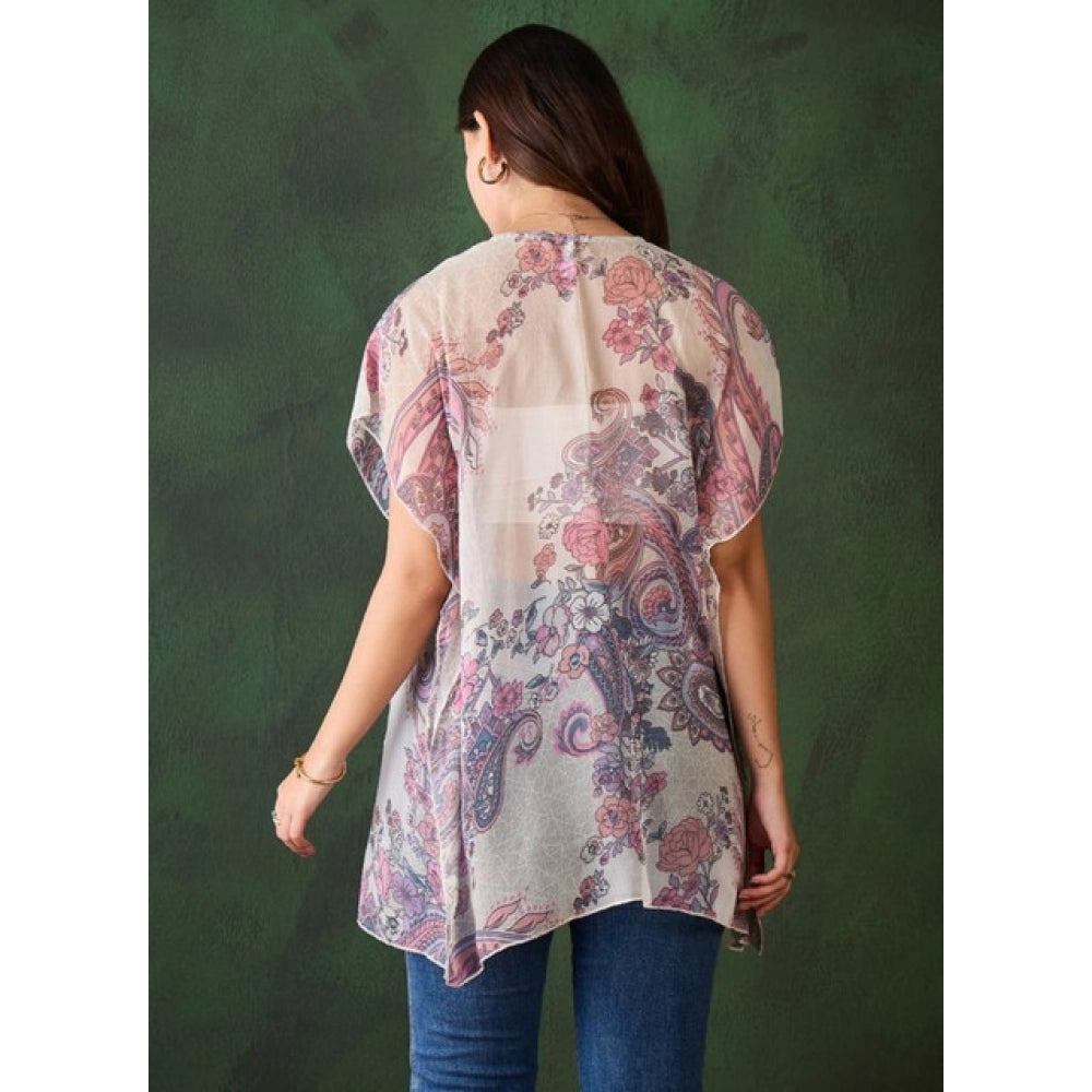 Generic Women's Chiffon Printed Short Sleeves Shrug (White - Purple)
