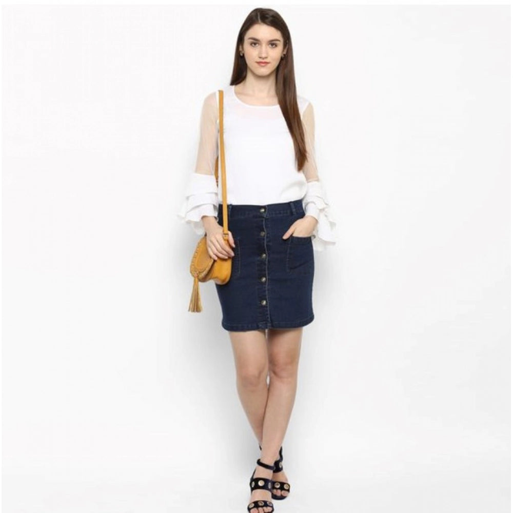 Generic Women's Denim Front Button Buttoned Skirt (Blue)