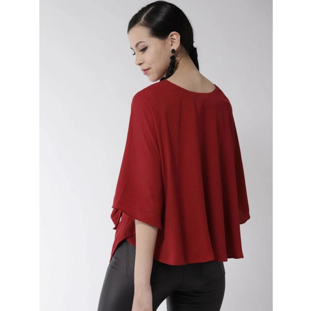Generic Women's Polyester Solid Cape Sleeve Top (Red)