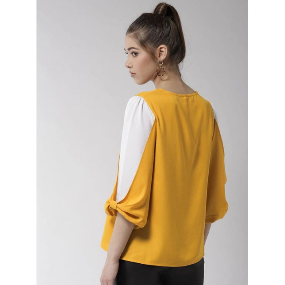 Generic Women's Polyester Colour Block Slit Sleeve Top (Yellow-White)