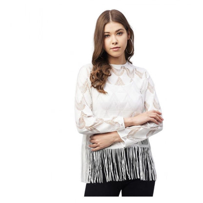 Generic Women's Lace Self Design Short Sleeve Top (White)