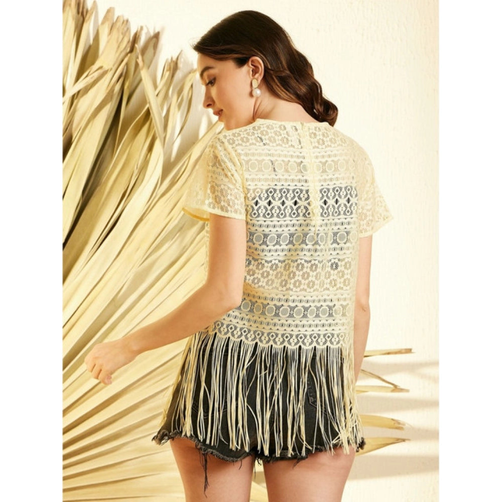 Generic Women's Polyester Lace Self Design Short Sleeve Top (Yellow)