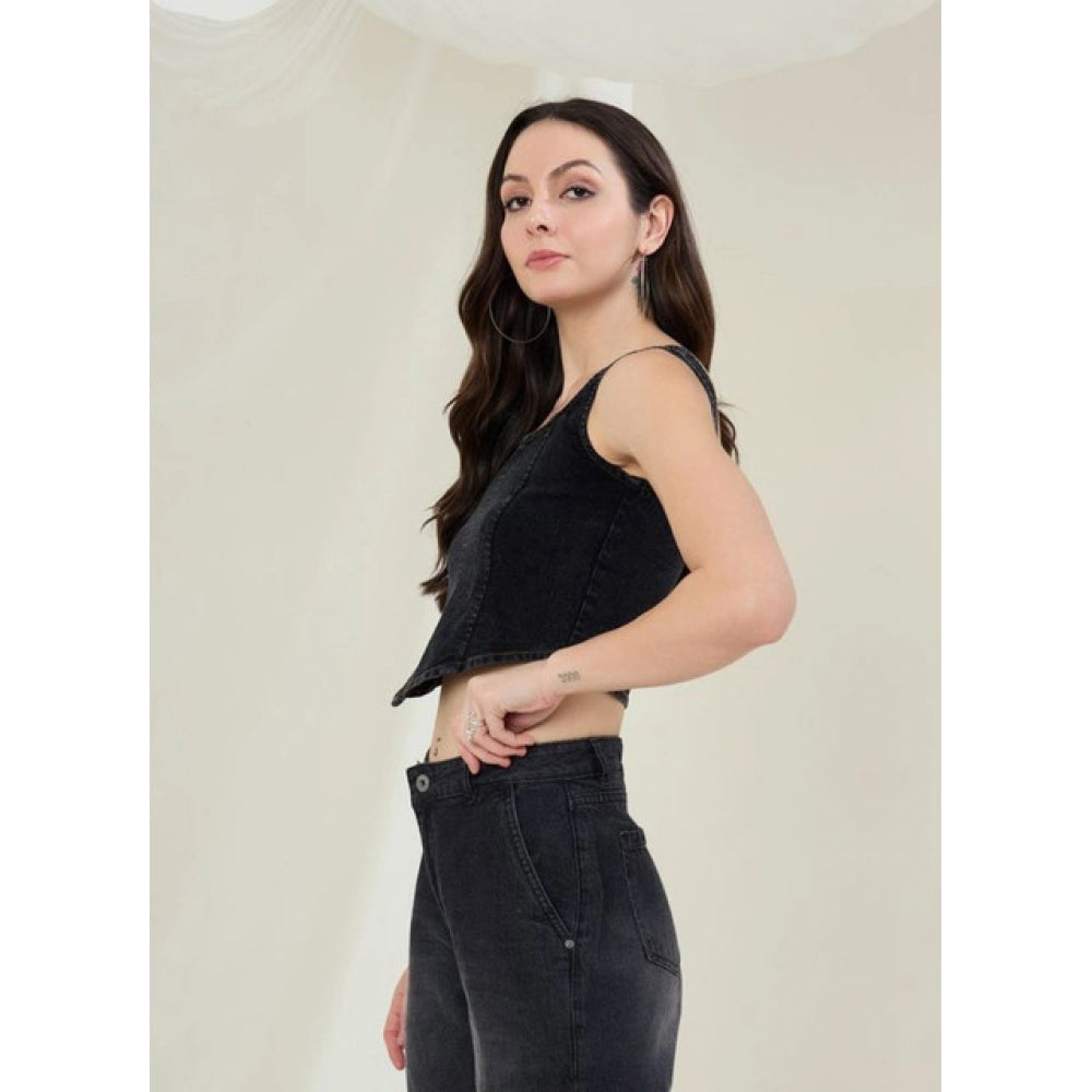 Generic Women's Denim Lycra Solid Sleeveless Top (Black)