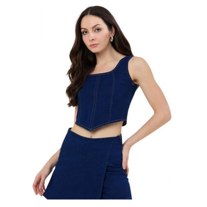 Generic Women's Denim Lycra Solid Sleeveless Top (Blue)