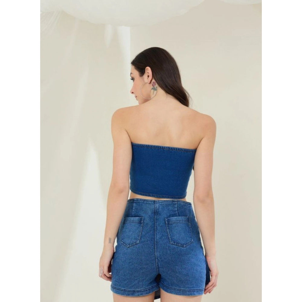 Generic Women's Denim Lycra Solid Sleeveless Top (Blue)