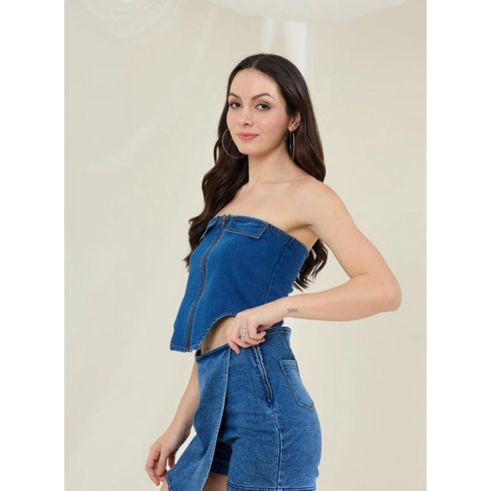 Generic Women's Denim Lycra Solid Sleeveless Top (Blue)