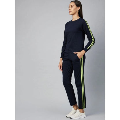 Generic Women's Cotton Solid Long Sleeves Tracksuit (Navy - Green)