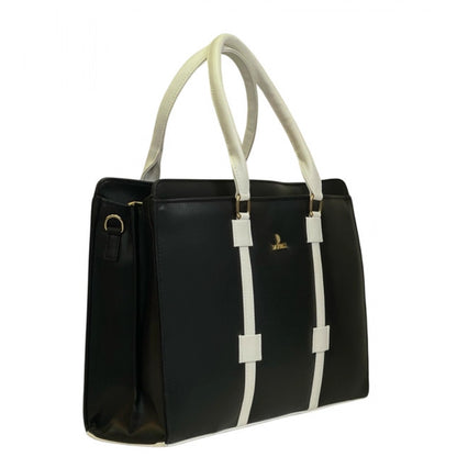 Generic Women's Polyurethane Solid Structured Shoulder Tote Handbag (Black-Cream)