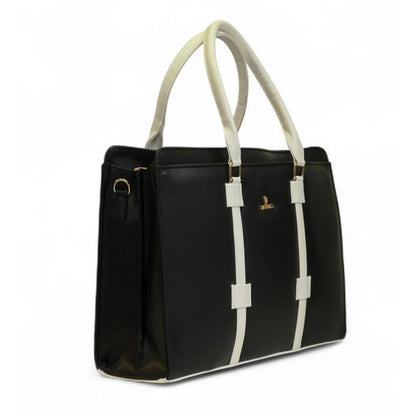 Generic Women's Polyurethane Solid Structured Shoulder Tote Handbag (Black-Cream)