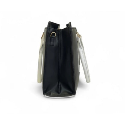 Generic Women's Polyurethane Solid Structured Shoulder Tote Handbag (Black-Cream)