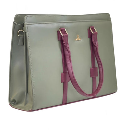 Generic Women's Polyurethane Solid Structured Shoulder Tote Handbag (Sage Green-Burgundy)
