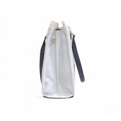 Generic Women's Polyurethane Solid Structured Shoulder Tote Handbag (Cream-Navy Blue)
