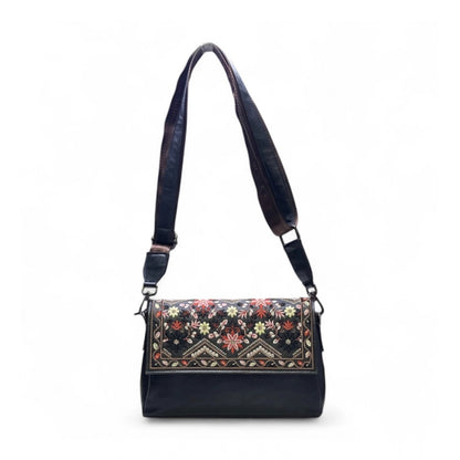 Generic Women's Polyurethane Floral Embroidered Crossbody Sling Bag with Adjustable &amp; Removable Strap (Black)