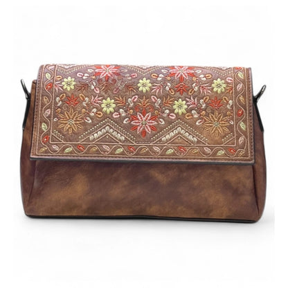 Generic Women's Polyurethane Floral Embroidered Crossbody Sling Bag with Adjustable &amp; Removable Strap (Dark Brown)