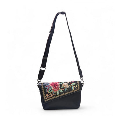 Generic Women's Polyurethane Floral Embroidered Crossbody Sling Bag with Adjustable &amp; Removable Strap (Black)