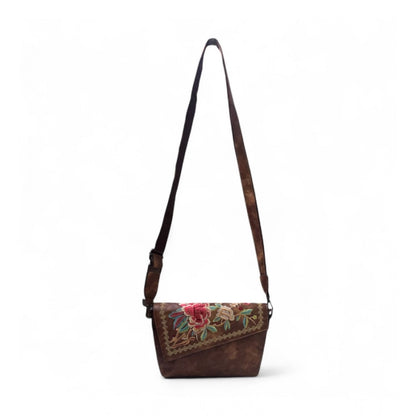 Generic Women's Polyurethane Floral Embroidered Crossbody Sling Bag with Adjustable &amp; Removable Strap (Brown)