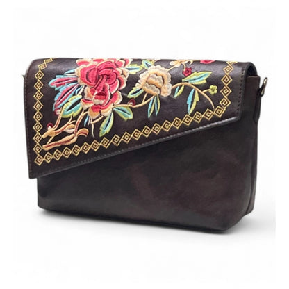Generic Women's Polyurethane Floral Embroidered Crossbody Sling Bag with Adjustable &amp; Removable Strap (Coffee)