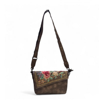 Generic Women's Polyurethane Floral Embroidered Crossbody Sling Bag with Adjustable &amp; Removable Strap (Dark Brown)